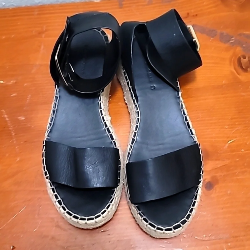 Zara Woman Black Leather Ankle Strap Espadrille‎ Sandals Size 38 Platform Jute